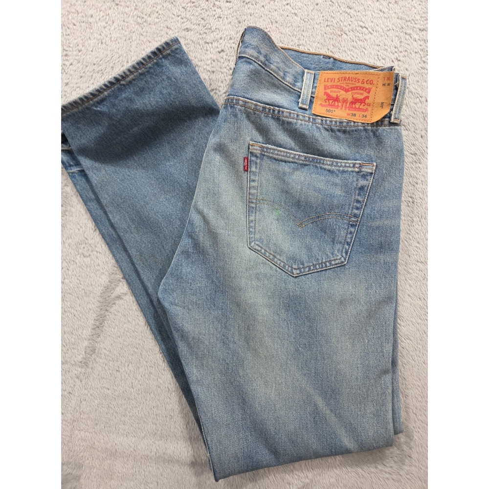 Levi's 501 Jeans Button Fly Premium Medium Wash Blue Distressed  Men's Sz 38x34